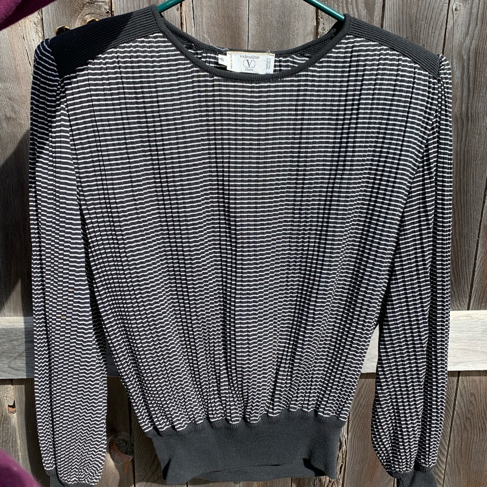 Vintage 80’s Valentino Black Tonal Stripped Long Sleeve Top with Shoulder Pads